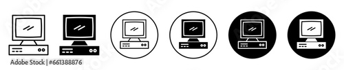 Old Computer icon. Vintage antique electronic computer desktop device symbol set. Old computer hardware display vector sign. Old pc screen line logo