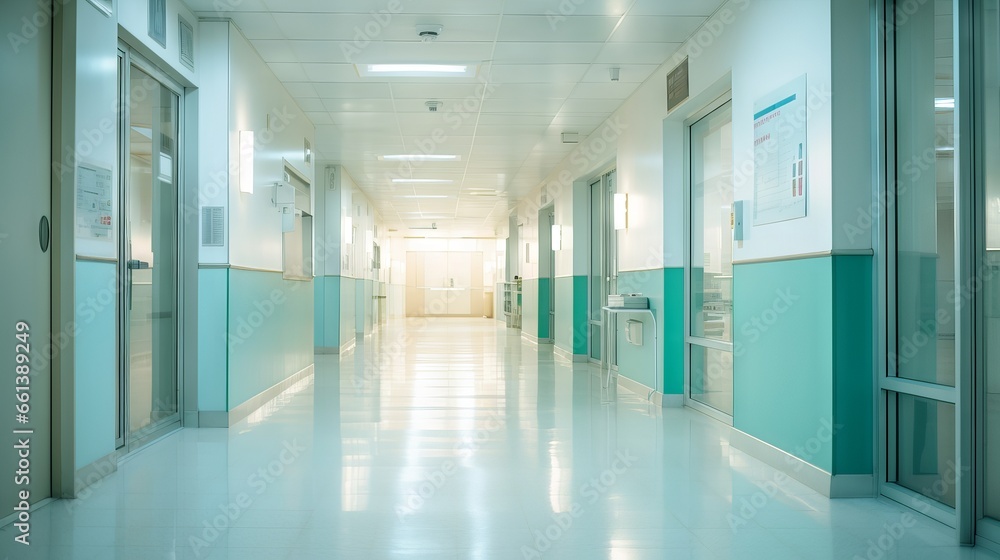 Modern hospital interior with blurred reception desk and clinic sign in the background Modern hospital interior with blurred reception desk and clinic sign in the background