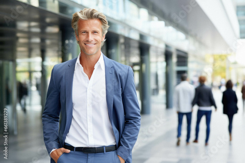 Confident mature businessman standing outdoors in suit.