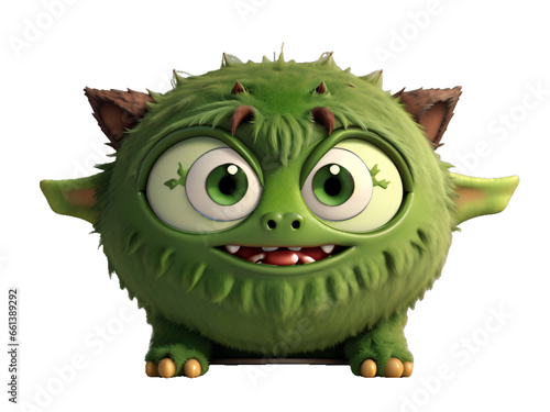 Cute and funny green monster 3D cartoon character on transparent background. Generative Ai.