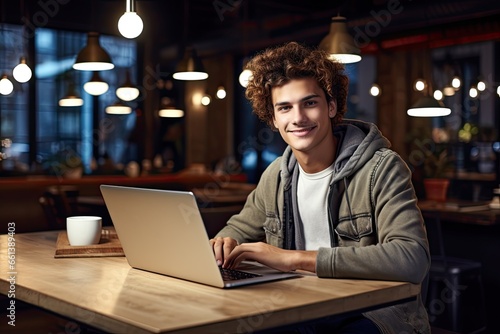 Portrait of handsome young man using laptop while sitting at table in cafe, ai generative
