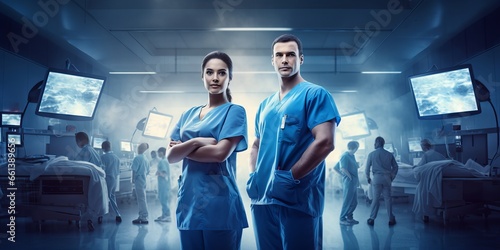 Close-up shot of medical doctor ER team, surgeon and anesthetist working together in a hospital room for emergency nursing care, professional teamwork and patient trust concept photo