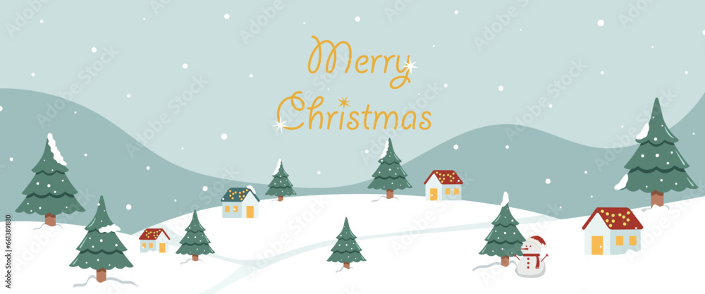Winter landscape with Christmas trees. Festive horizontal banner with text Merry Christmas. snowfall and snowman.