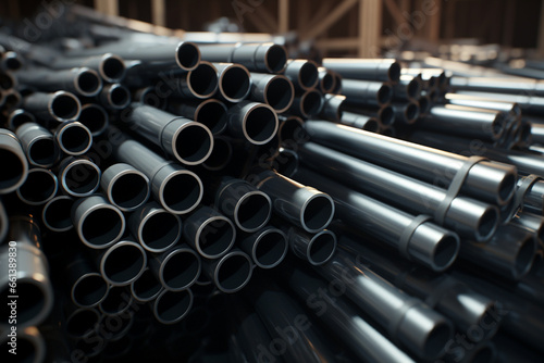 Pile of alluminium pipes in the factory photo