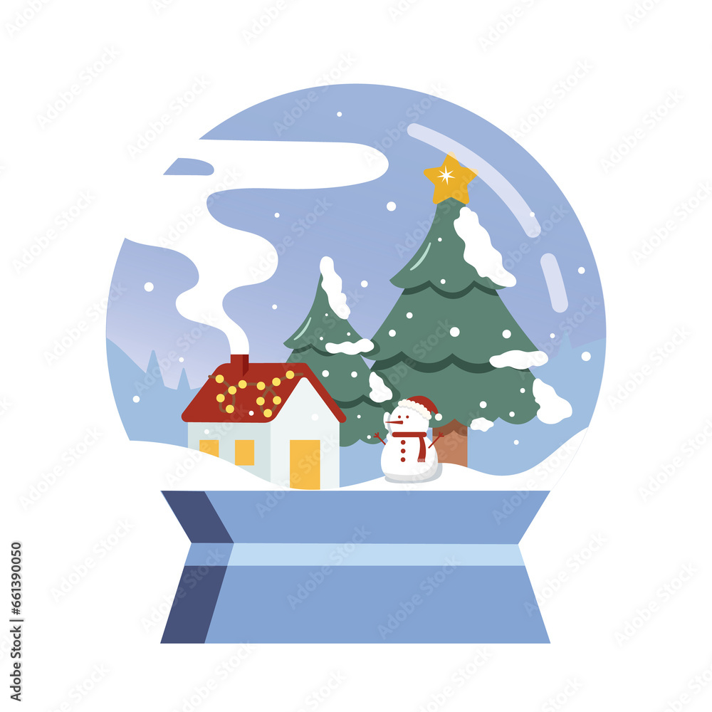 Glass snow globe with trees and house design. Festive Christmas object. Christmas snow globe, Snowball and snowman. 