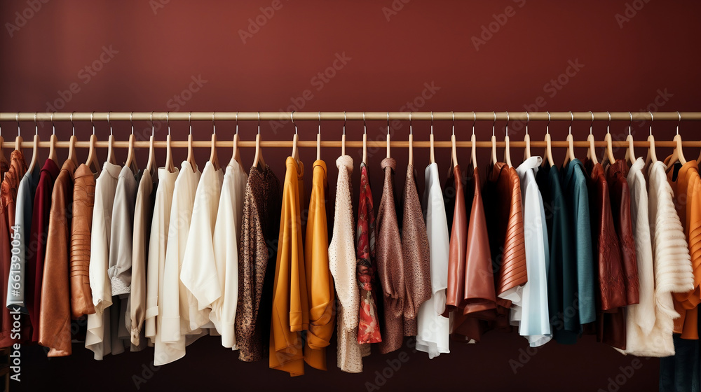 Items of clothing placed on display stands for clothing stores and shop windows, warm autumn colours