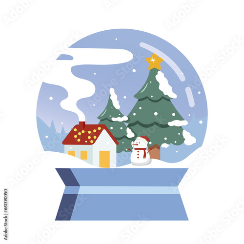 Glass snow globe with trees and house design. Festive Christmas object. Christmas snow globe, Snowball and snowman. © solthanya