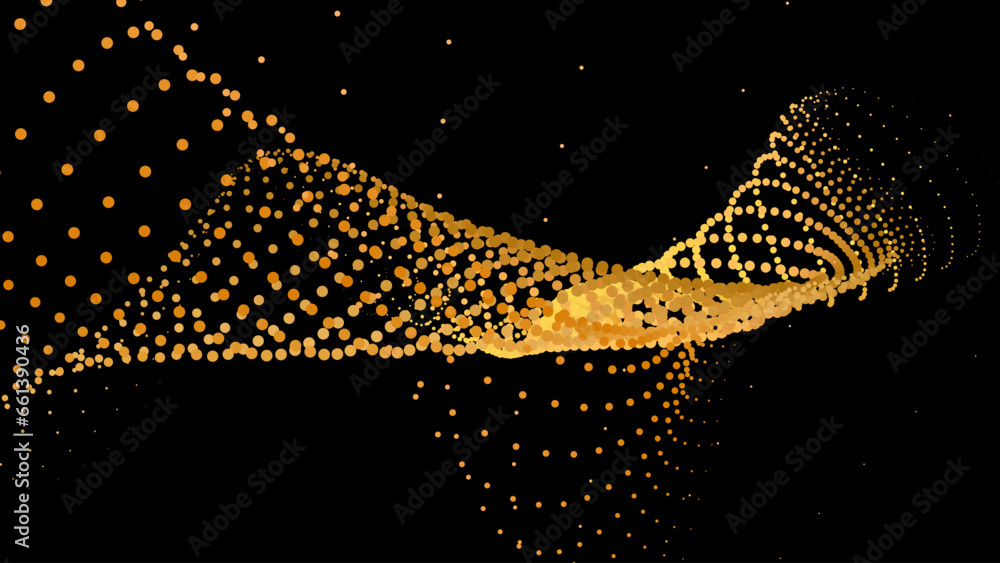 Data vibrate pulse dot particle wave. Abstract bulge hyperbola sinusoid. Infinity transition gradation 3d waveform background. Black gold. - obrazy, fototapety, plakaty 