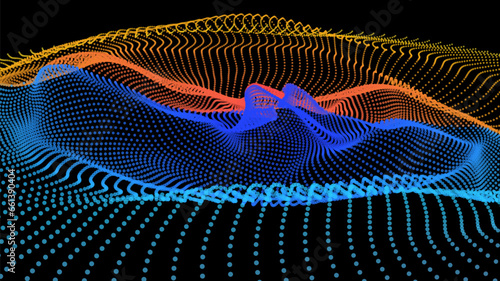 Energy net flows. Dot particle lines penetrating fog. Neon lights plexus of knots. Curved node row space infinity. Linking funnel universe parameters. Background information technology presentation.