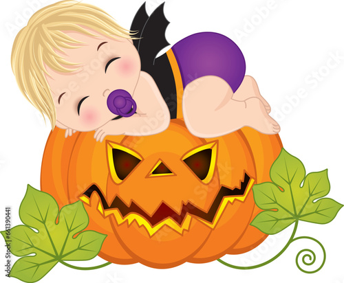 Vector Little Caucasian Baby Boy in Halloween Costume Sleeping on Pumpkin