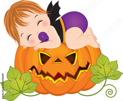 Vector Little Caucasian Baby Boy in Halloween Costume Sleeping on Pumpkin
