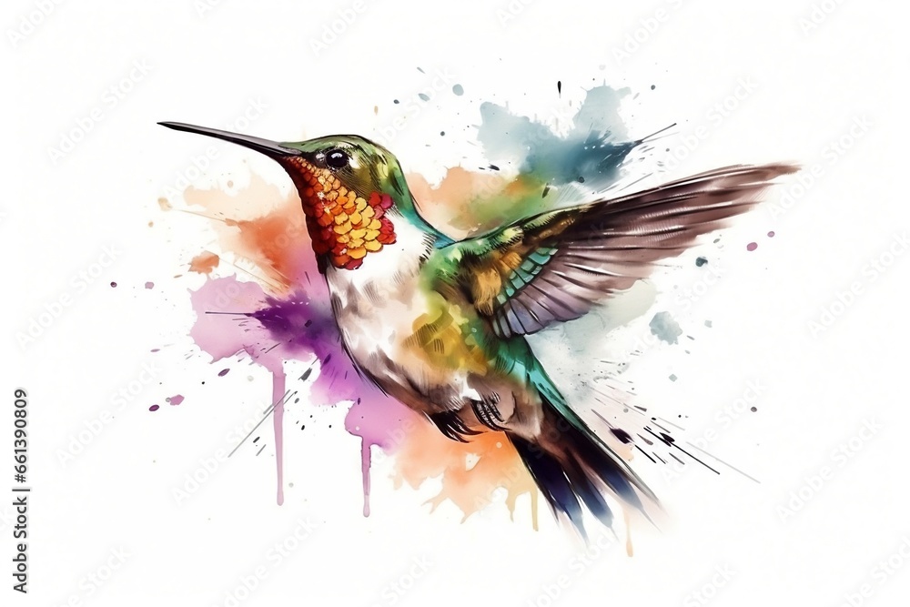 Obraz premium Watercolor Hummingbird on white isolated background, wallpaper design, generative ai