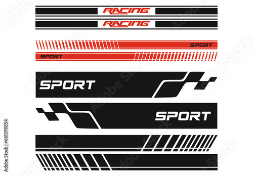 Sport car decal stripes. Speed lines, racing tuning strips and car sticker vector set. Yellow vehicle marking elements for transport modifying isolated on black. Automobile identity
