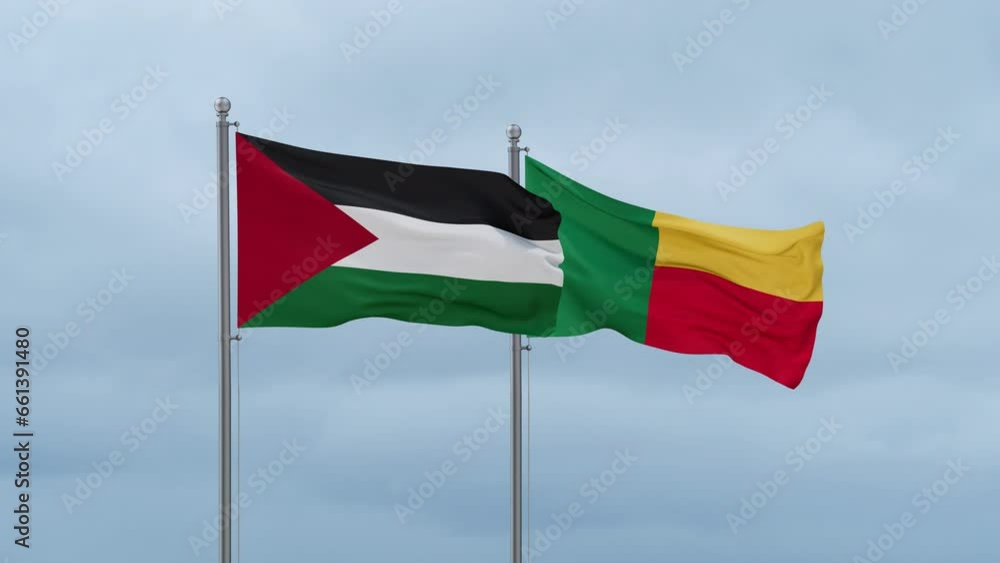 Palestine and Gaza Strip flag and Benin flag waving together on cloudy sky, endless seamless loop Palestine and Gaza Strip flag and Benin flag waving together on cloudy sky, endless seamless loop