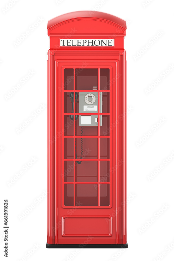 Red telephone box, front view. 3D rendering isolated on transparent background - obrazy, fototapety, plakaty 