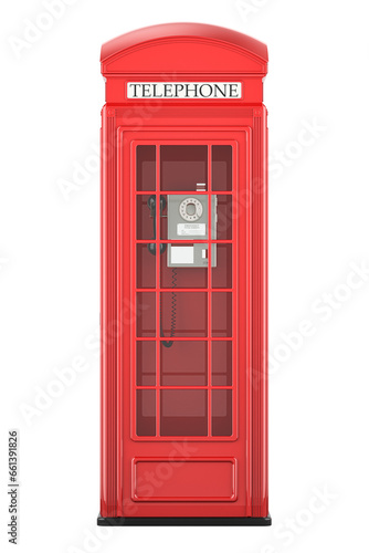 Red telephone box  front view. 3D rendering isolated on transparent background