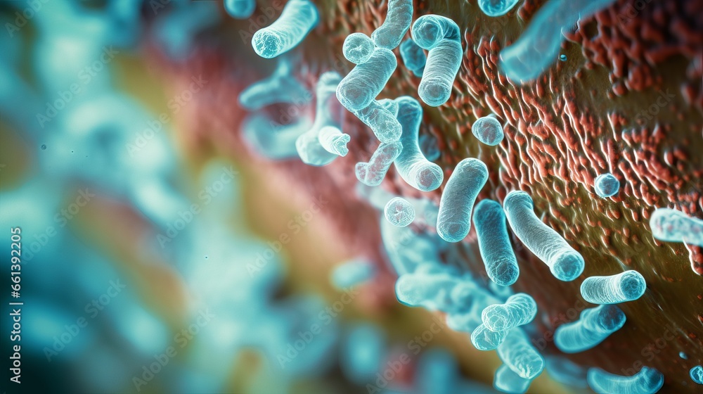 Microscopic view of probiotics bacteria in human stomach, showing escherichia coli and other organisms involved in digestion and health care - obrazy, fototapety, plakaty 