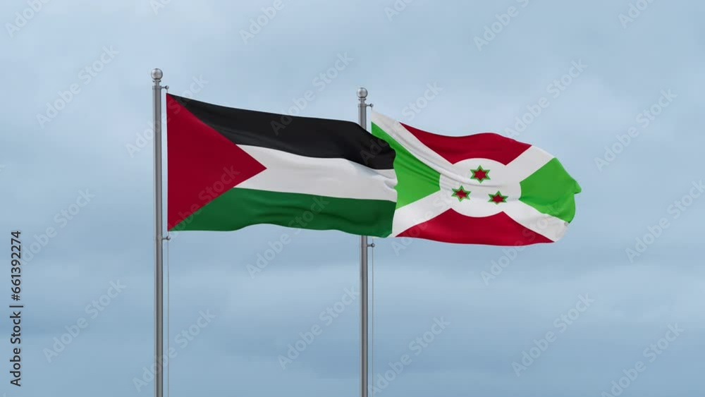 Burundi flag and Palestine and Gaza Strip flag waving together on cloudy sky, endless seamless loop, two country relations concept Burundi flag and Palestine and Gaza Strip flag waving together on cloudy sky, endless seamless loop, two country relations concept