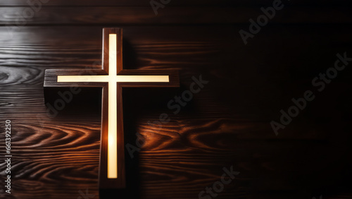 Cross on Wooden Table: A Serene Symbol in Dark Ambiance