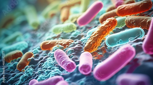 Microscopic view of probiotics bacteria in human stomach, showing escherichia coli and other organisms involved in digestion and health care