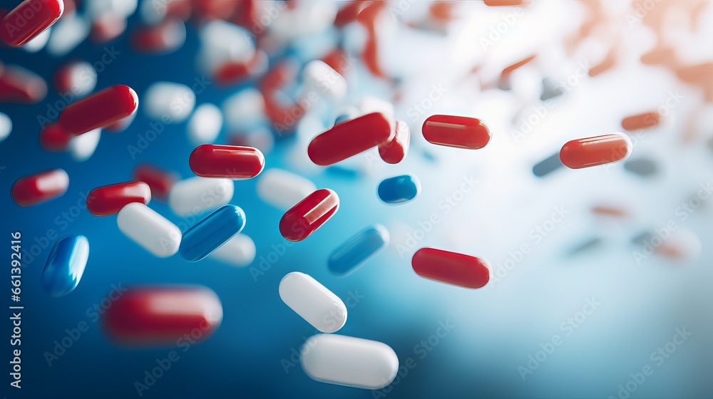 Colorful pills falling on a blurred background. Concept of medicine, health, and pharmacy Colorful pills falling on a blurred background. Concept of medicine, health, and pharmacy