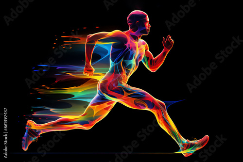 Male athlete runner doing a training exercise for a sports race event by jogging and running shown in a contemporary athletic abstract design, Generative AI stock illustration image © Tony Baggett