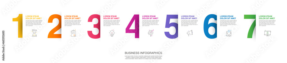 Modern vector flat illustration. Line infographic numbers template with seven elements, icons. Timeline designed for business, presentations, web design, interface, diagrams with 7 steps - obrazy, fototapety, plakaty 