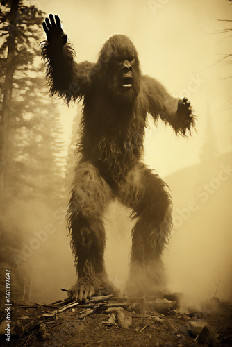 Bigfoot, also known as Sasquatch, is a legendary and elusive creature of North American folklore, often described as a large, ape-like hominid, computer Generative AI stock illustration image