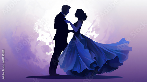 Purple silhouette of ballroom dancers who are dancing as a couple showing their technique skills at a Latin dance competition, Generative AI stock illustration image isolated on a white background photo