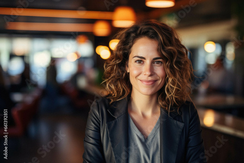 Young beautiful woman smiling confident standing in bar.
