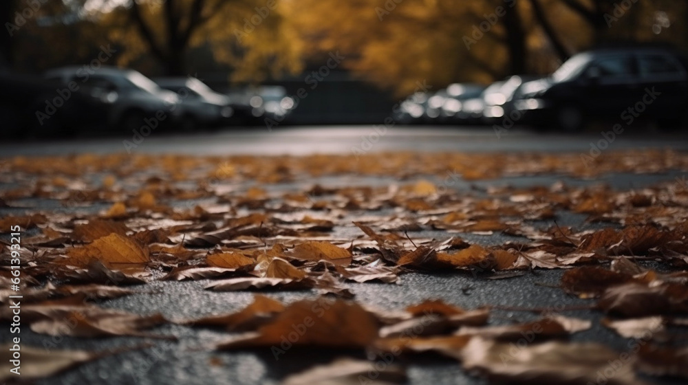 Fototapeta premium Leaves on a parking lot with a parked car - Generative AI