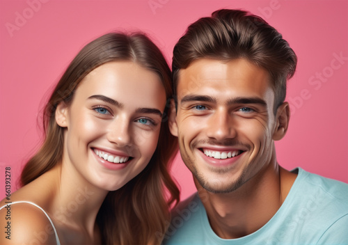 a young couple smiling on a solid color background