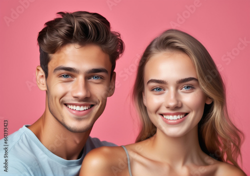 a young couple smiling on a solid color background
