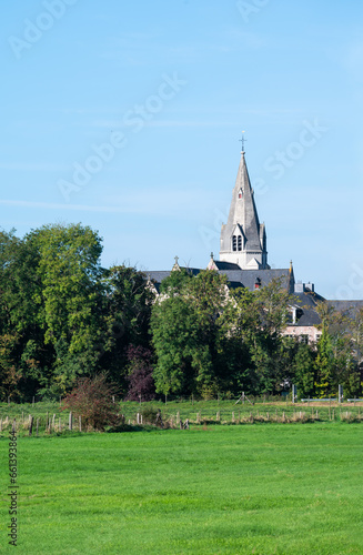 Green fields and trees with the village church tower in the background around Liedekerke, Flemish Region, Belgium