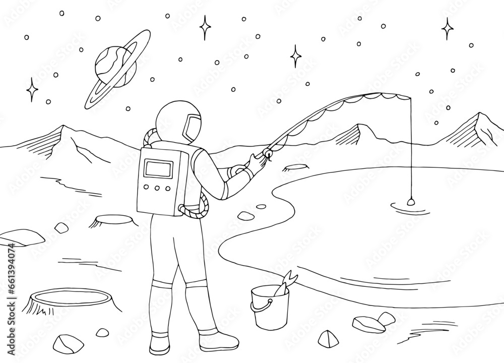 Astronaut fishing on alien planet graphic black white space landscape ...