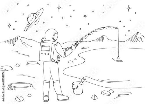 Astronaut fishing on alien planet graphic black white space landscape sketch illustration vector