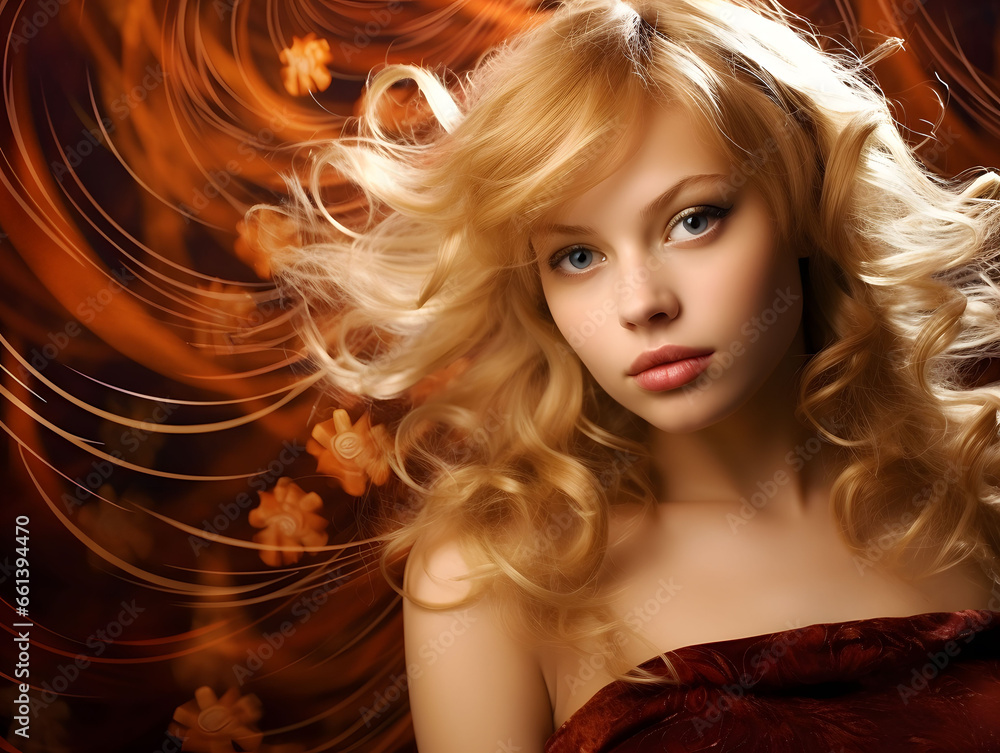 Fototapeta premium Blonde beauty contrasted with swirling maroon gold vortex backdrop