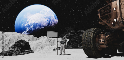 3d illustration. An astronaut is dandying the surface of Moon with a probe.