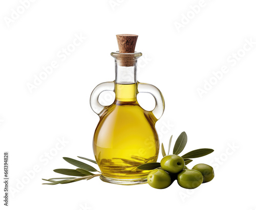 Transparent olive oil jug bottle. Olives and fox olives. Isolated on transparent background.