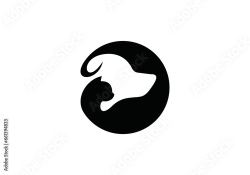 dog with cat logo, pet care in circle shape abstract modern vector design