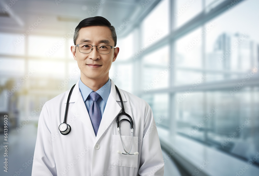 Portrait of a Asian doctor on blurred hospital or health care center Portrait of a Asian doctor on blurred hospital or health care center
