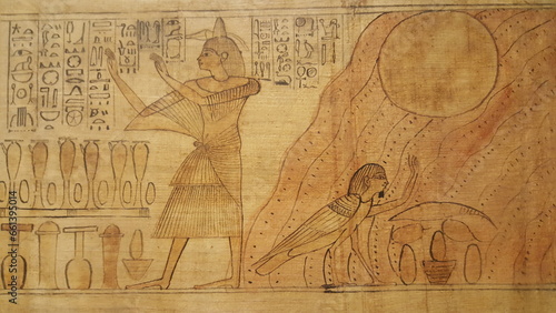 A drawing of an Egyptian scene featuring a man and a woman showcasing their traditional attire and hieroglyphics.