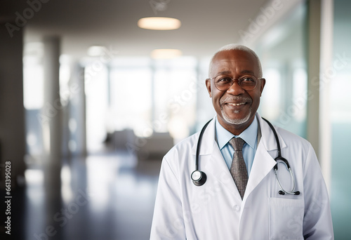 Portrait of a african american seniro doctor on blurred hospital or health care center