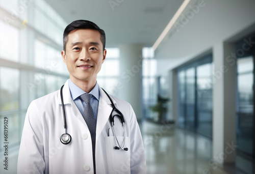 Portrait of a Asian doctor on blurred hospital or health care center