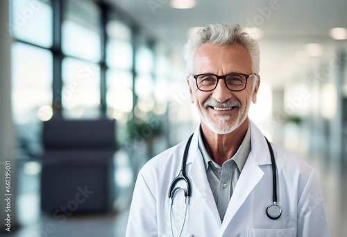 Portrait of a senior doctor on blurred hospital or health care center