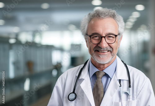 Portrait of a senior doctor on blurred hospital or health care center
