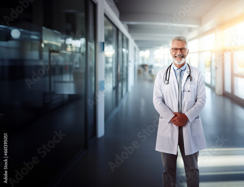 Portrait of a senior doctor on blurred hospital or health care center