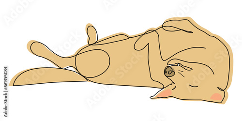 Happy dog lies on its back. Vector minimalistic illustration. Continuous line drawing, Amaze Art.