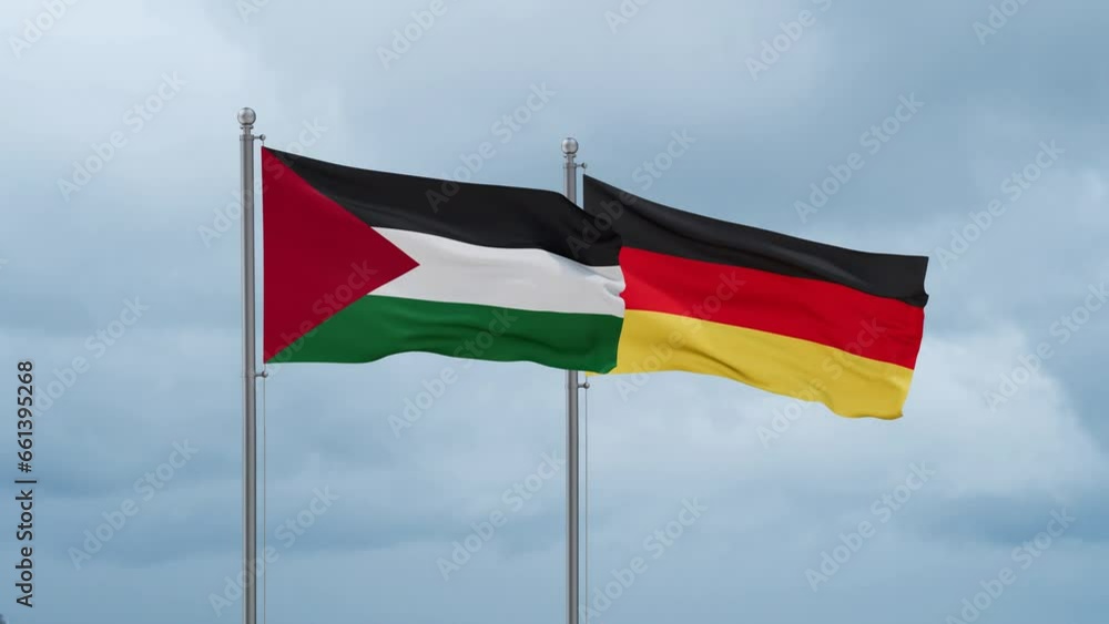Germany flag and Palestine and Gaza Strip flag waving together on cloudy sky, endless seamless loop, two country relations concept Germany flag and Palestine and Gaza Strip flag waving together on cloudy sky, endless seamless loop, two country relations concept