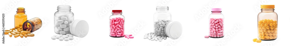 Set of bottles for medicines, pills, isolated. Generative AI. Set of bottles for medicines, pills, isolated. Generative AI.